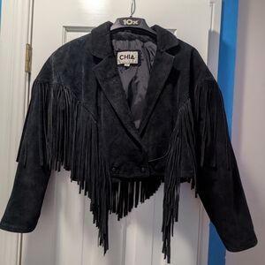 Chia Black Suede Leather Fringe Women's Jacket Size S🖤